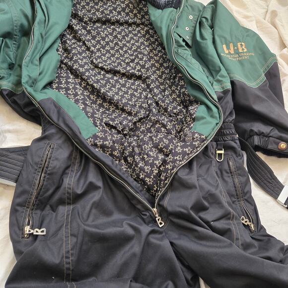 Vintage Bogner Sports One Piece Ski Suit Size 42 Green Black Hidden Hood Belted - Picture 7 of 16